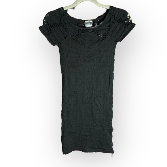 Black Lace Cutout Bodycon Mini Dress Petite PS Cap Sleeve LBD Party bebe - Picture 4 of 7